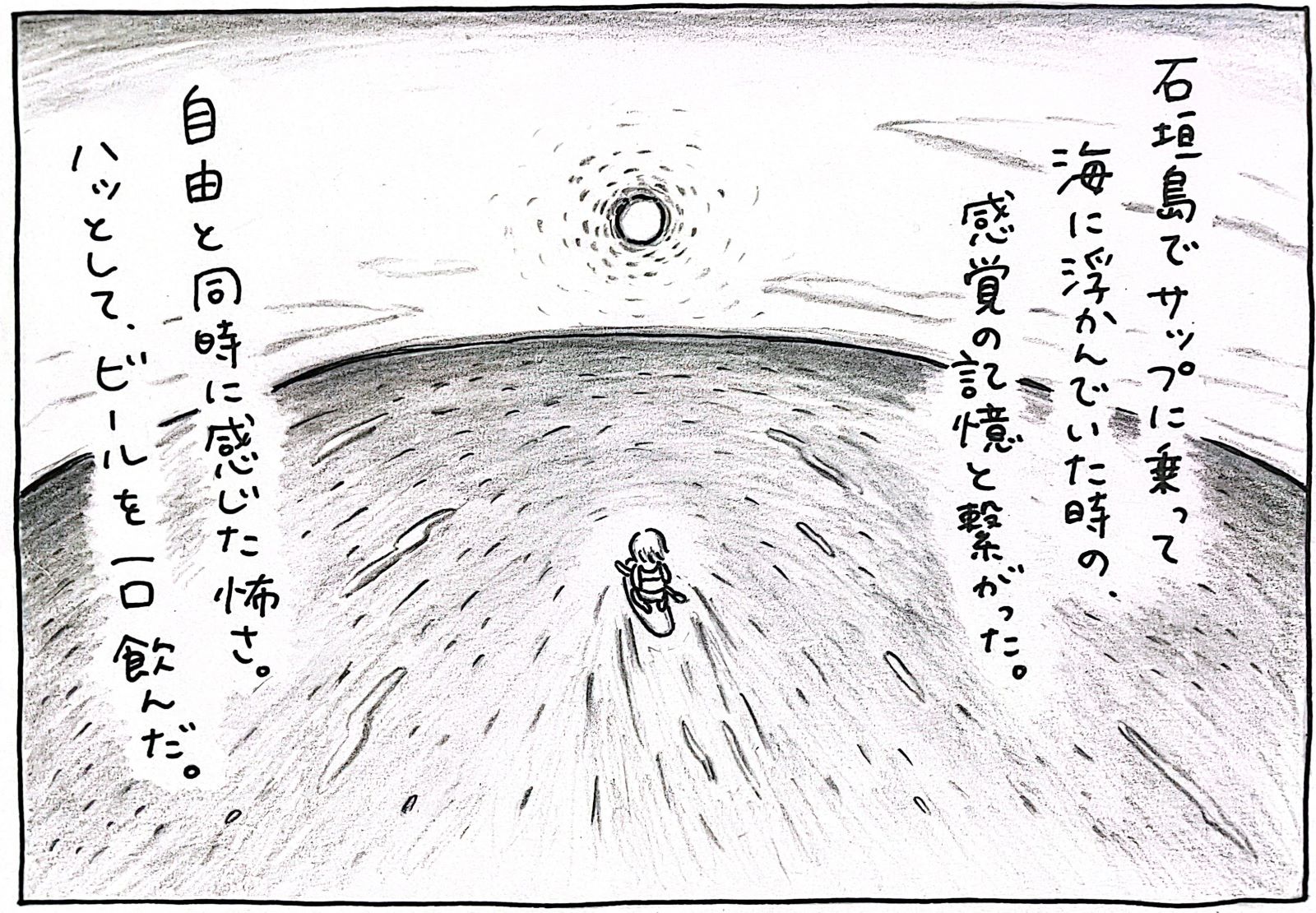 石垣島でサップに乗って海に浮かんでいた時の感覚の記憶と繋がった。自由と同時に感じた怖さ。ハッとして、ビールを一口飲んだ。