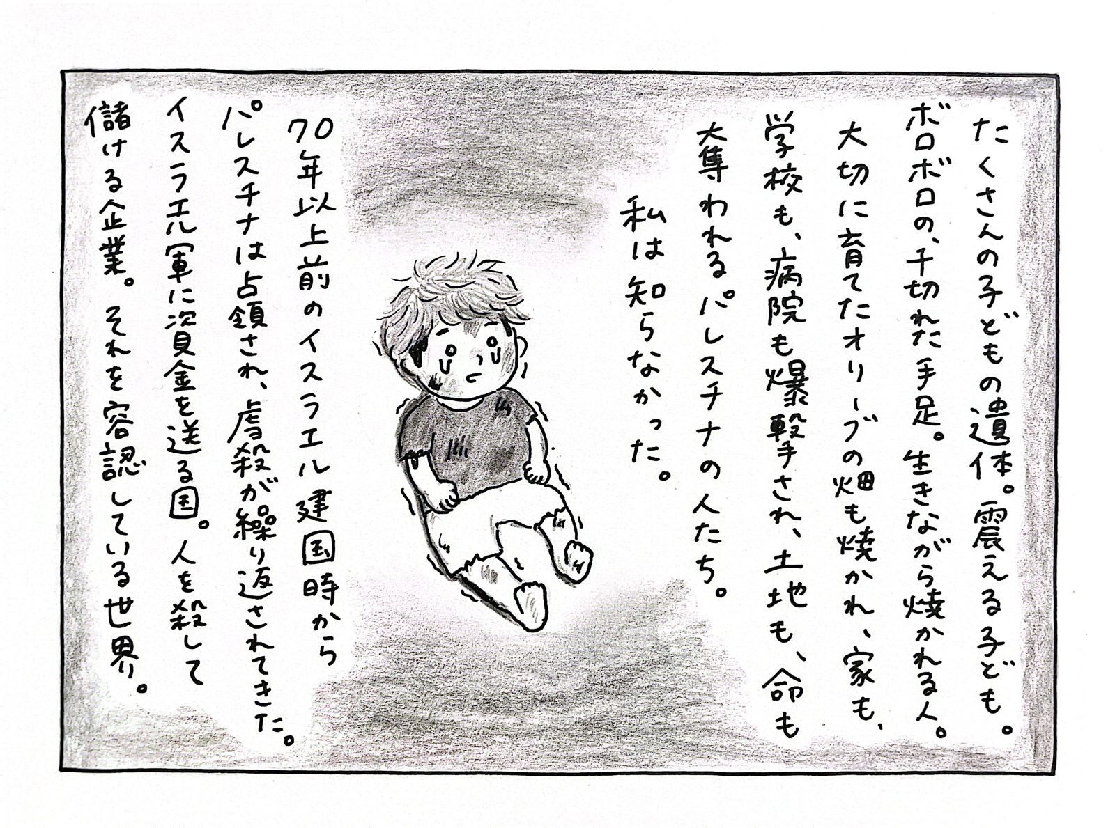 たくさんの子どもの遺体。震える子ども。ボロボロの、千切れた手足。生きながら焼かれる人。大切に育てたオリーブの畑も焼かれ、家も、学校も、病院も爆撃され、土地も、命も奪われるパレスチナの人たち。私は知らなかった。70年以上前のイスラエル建国時からパレスチナは占領され、虐殺が繰り返されてきた。イスラエル軍に資金を送る国。人を殺して儲ける企業。それを容認している世界。